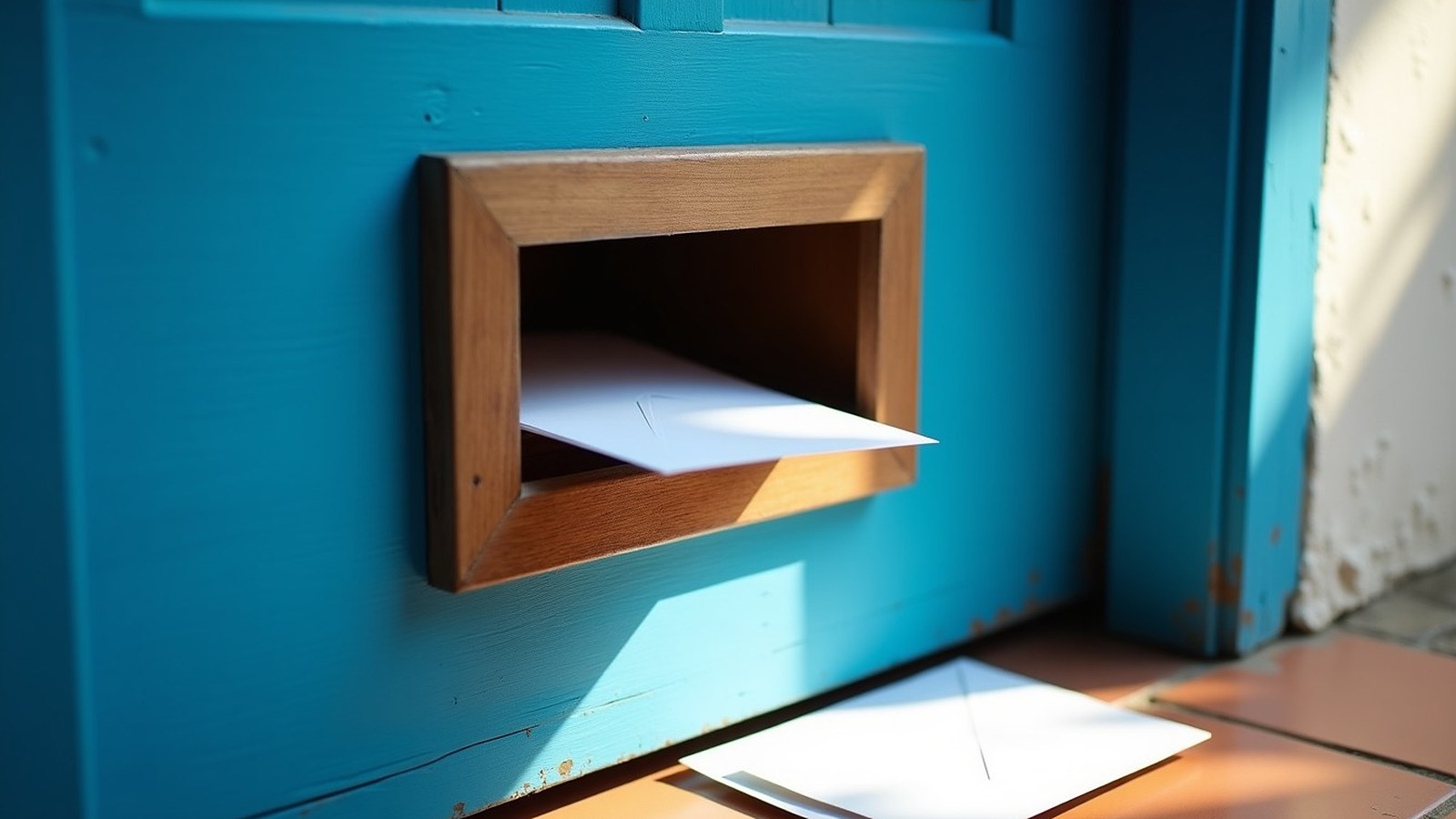 Fente à courrier d'une porte créole bleue, enveloppes glissées