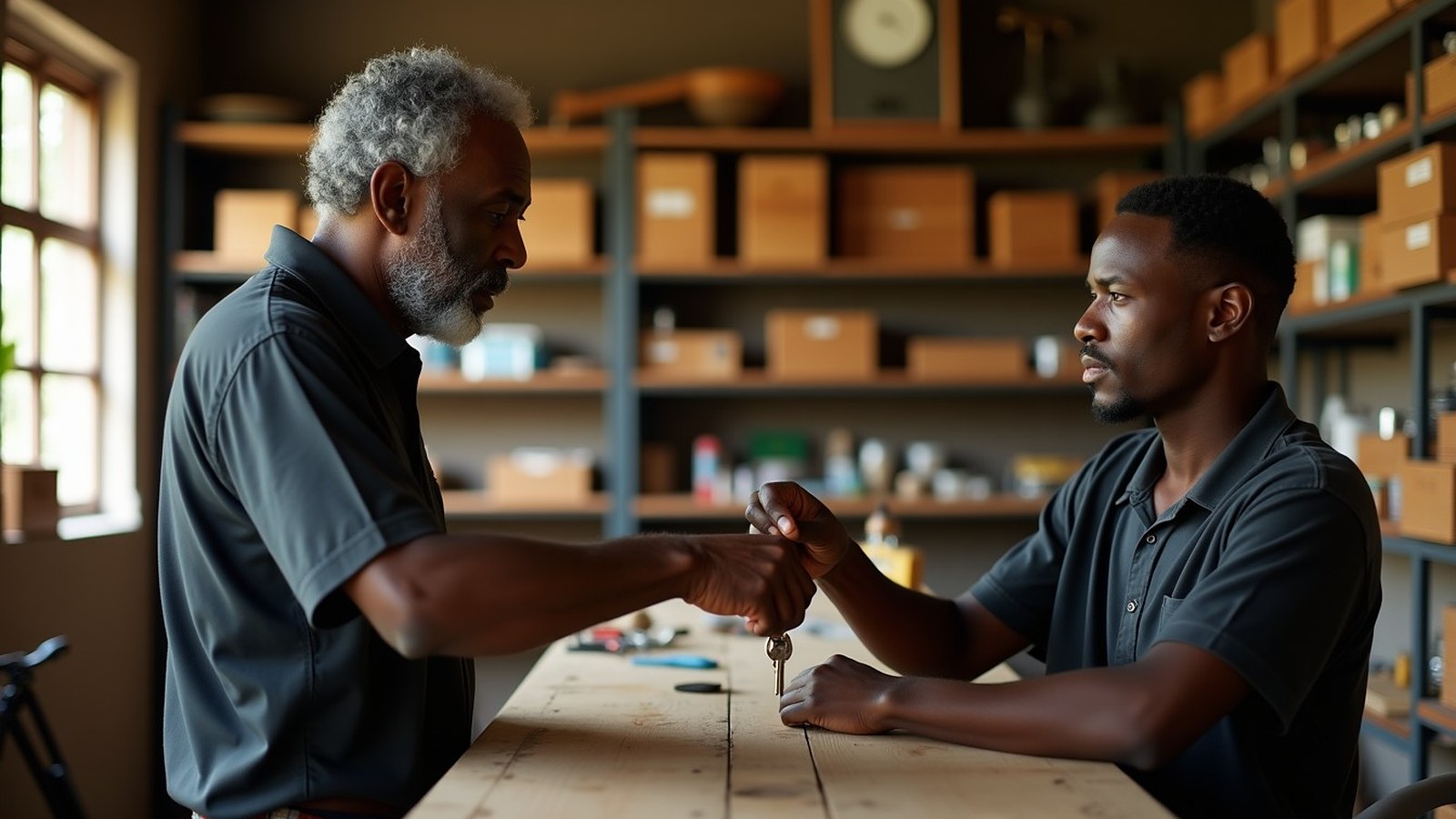 Dans une quincaillerie, le cédant remet les clés au repreneur